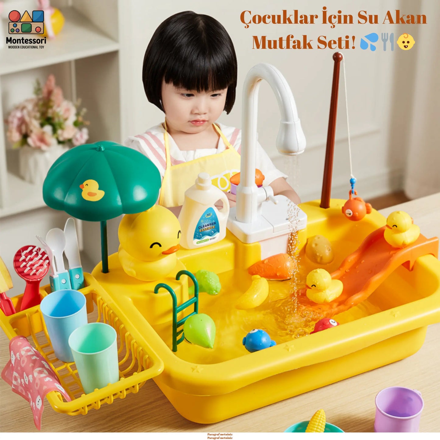 Çocuklar İçin Su Akan Mutfak Seti - Montessori Oyuncak
