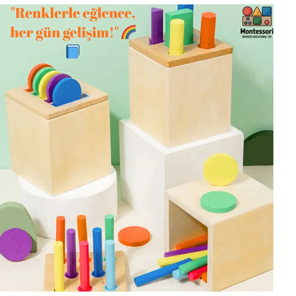 montessori, ahşap oyuncak, eğitici oyuncak, çocuk gelişimi, motor beceri, renkli bloklar, şekil eşleştirme